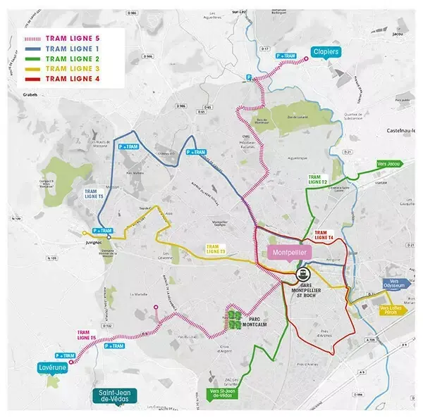 Carte de la ligne de tramway 5 à Montpellier