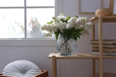 Élégants lilas blancs dans un vase en verre côtelé sur une étagère en bois