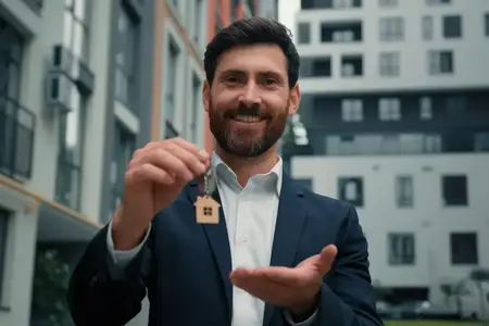 Gérant immobilier, propriétaire, homme d'affaires, banquier, vendeur, caucasien, homme prospère, vend une maison