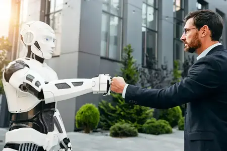 Robot avec des hommes d'affaires dans la rue près du bâtiment